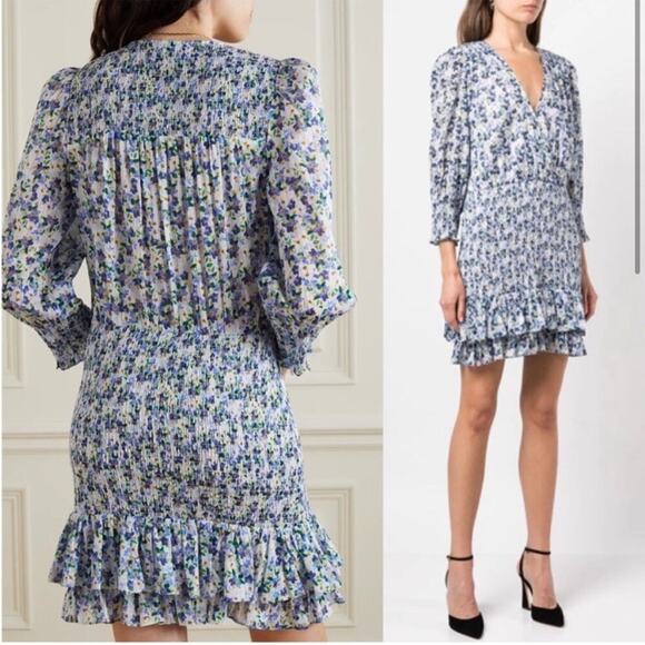 NWT Veronica Beard Darrah Smocked Floral V-Neck Dress with Ruffle Hem Sz 10 - Picture 4 of 10